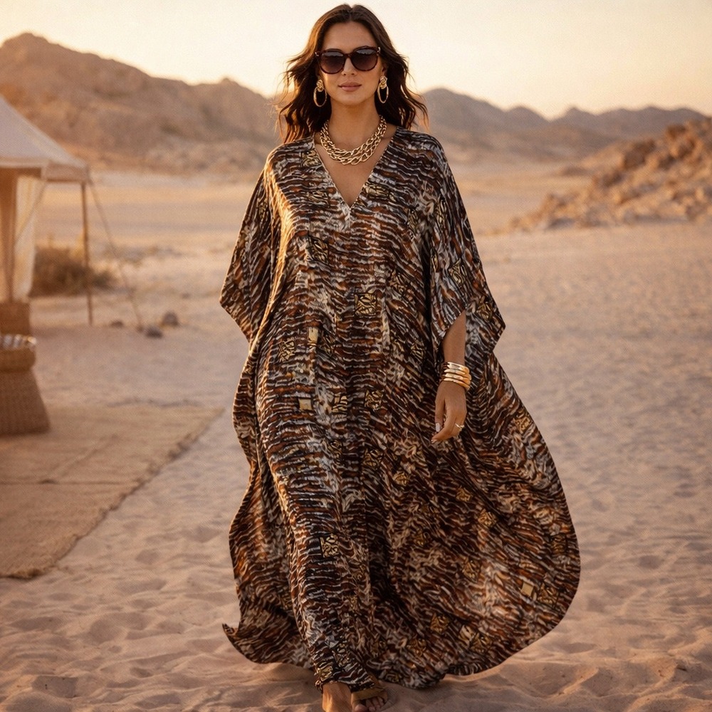Luxell‎ Intimates Kaftan Maxi Dress Animal Print Tiger V-Neck Gold Trim One Size